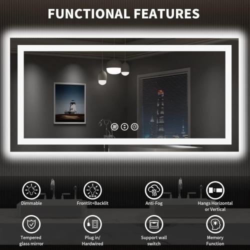 LOAAO 55X30 LED Bathroom Mirror with Lights, Anti-Fog, Dimmable, Backlit   Front Lit, Lighted Bathroom Vanity Mirror for Wall, Shatter-Proof, Memory Function, ETL Listed