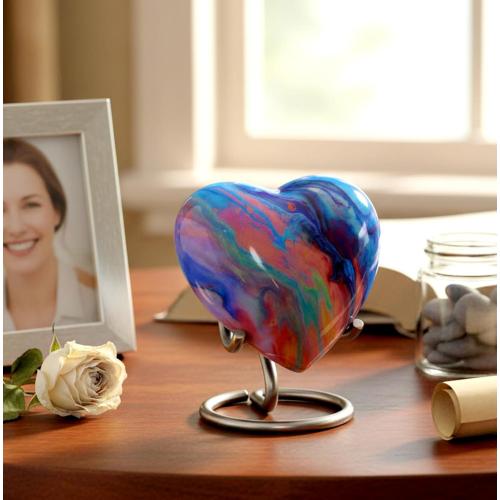 eSplanade Metal Mini Cremation Urn Heart-Shaped Keepsake Memorial Jar Pot Container | Small Urn for Funeral Ashes Burial | Wave Textured Metal Keepsake with Stand | Multicolor - 2.75 Inches