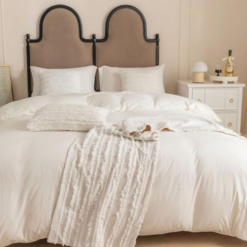 White Cushion Covers Cotton Linen Jacquard Tassel Square Throw Pillow Case with Zipper Bed Decor for Sofa Bedroom Couch Chair Car Seat, 45 x 45cm