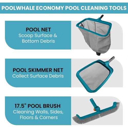 POOLWHALE Swimming Pool Cleaning Kit - Pool Nets and Brush Set | Included Ultra Fine Mesh Deep Pool Rake & Leaf Skimmer Net and Rotatable Pool Brush Head, Pool Open Cleaning Kits for Pools
