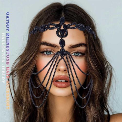 Black Crystal Flapper Head Chain Masquerade Mask Headpiece Wedding Bride Rhinestone Headbands Costume Headwear Women Hair Accessory