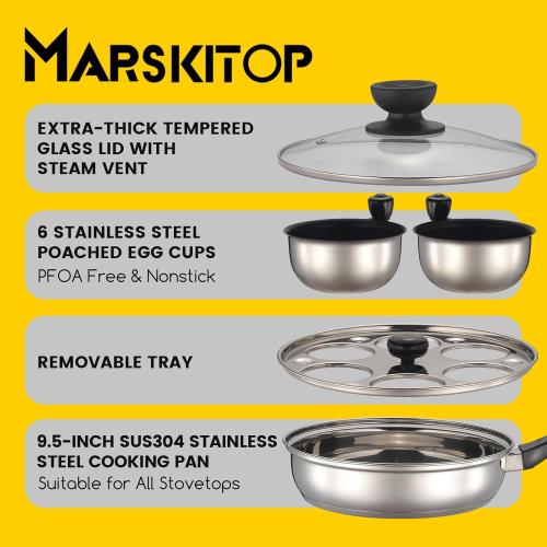 MARSKITOP Egg Poacher, Poached Eggs Cooker, Stainless Steel Egg Poaching Pan Food Grade Safe PFOA Free