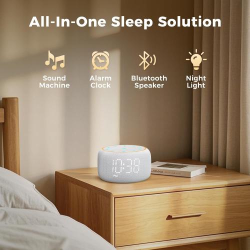 White Noise Machine Alarm Clock: Auto-Dimmable Clock for Bedrooms - 5W Stereo Bluetooth Speaker - Sound Machine with 24 Sleep Sounds for Adults Kids