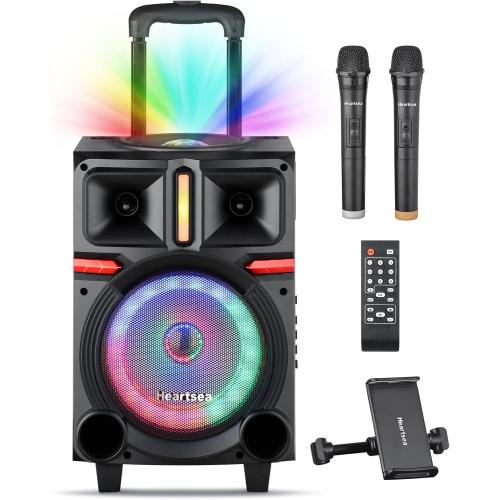 HEARTSEA Karaoke Machine, 8 Woofer Portable PA System, Bluetooth Speaker with 2 Wireless Microphones, Lyrics Display Tablet Holder, Party Lights & Echo/Treble/Bass Adjustment Support REC/AUX/USB/TF