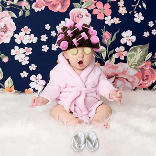 Pink SPOKKI Newborn Photography Props Newborn Girl Photoshoot Outfits Babies Robe Props with Bath Towel Slippers Cucumber Curler Hat Makeup Brush for Infant Boys Girls