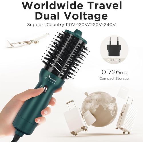 Aima Beauty Hair Dryer Brush Dual Voltage Travel Blow Dryer Brush Hot Air Brush with Oval Barrel 360°Airflow for Smooth,Negative Ionic Frizz-Free Drying/Straightening/Voluming, Dark Green ‼️has mild hair in the brush ‼️