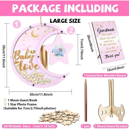Baby Shower Guest Book Alternatives Moon Guest Book for Baby Shower Guest Book Frame with Star Baby Shower Decorations Guest Book Alternative for Wedding Boys Girls Birthday Party Keepsake(Pink)