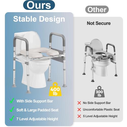 Raised Toilet Seat with Handles, 400 LBS Toilet Seat Risers for Seniors with Adjustable Height & Width, FSA HSA Eligible Handicap Elevated Toilet Riser Fit Any Toilet, Gray