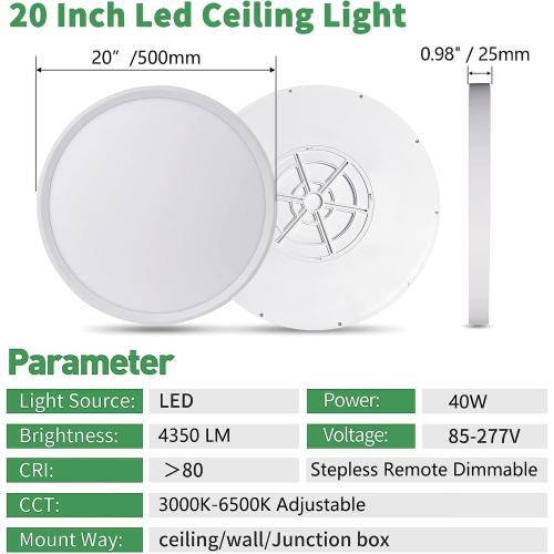 20 Inch Large LED Flush Mount Ceiling Light with Remote, 40W,4350LM, 3000K-6000K Selectable, White Round Flat Panel Low Profile Ceiling Light Fitures for Hallway, Kitchen, Bedroom, Laundry Room