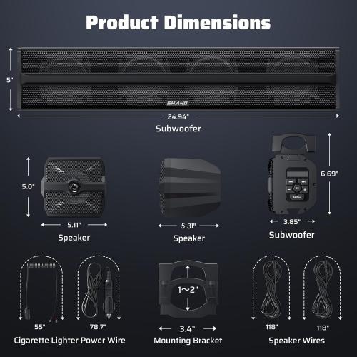 Ehaho 2.1CH Stereo UTV Sound Bar (Subwoofer) and Speakers, 26 Inch Bluetooth ATV Soundbar with RGB Lights, Waterproof Golf Cart Sound Bar, Marine Sound bar Compatible with SXS Polaris RZR Can-Am