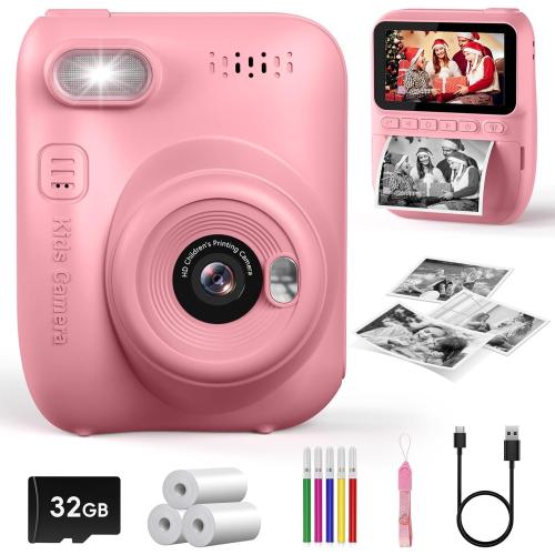Kids Instant Print Camera, 3.0-inch HD Screen 32MP Photo Instant Digital Camera Christmas Birthday Gifts Toys for Children Girls Boys Age 3-12 - Pink