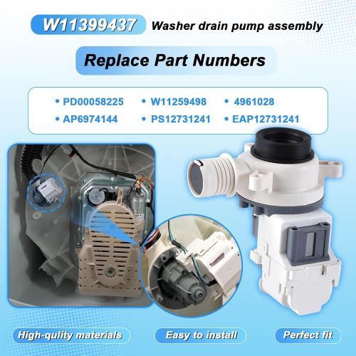 W11399437 Washer Drain Pump Assembly Compatible with Whirlpool Maytag Kenmore Crosley Washing Machine, Replacement PartPD00058225 W11259498 4961028 AP6974144 PS12731241 EAP12731241