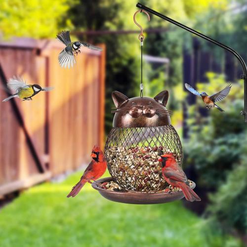 Outside Wild Bird Feeder, Heavy Duty Metal Frame Outdoor Bird Feeders Hanging for Garden Yard Decoration, Cute Cat Shaped