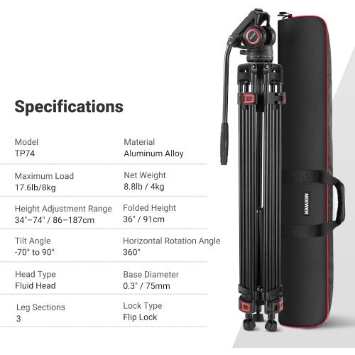 NEEWER 74 Video Tripod with Fluid Head, QR Plate , Aluminum Heavy Duty Camera Tripod Professional for DSLR Cameras Camcorders, Max Load 17.6lb/8kg, TP74