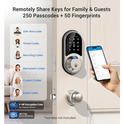 Veise RZ07 Smart Lock, Fingerprint Door Lock, 7-in-1 Keyless Entry with App Control, Electronic Touchscreen Keypad Deadbolt, Biometric Smart Locks for Front Door, Satin Nickel