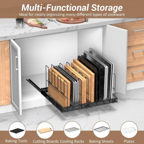 Housolution Pull Out Large Baking Tray and Cookie Sheet Organizer, 13-22 Width Expandable Cutting Board Holder with 8 Adjustable Dividers, 21.5 Deep Bakeware Storage Rack for Cabinet, Black