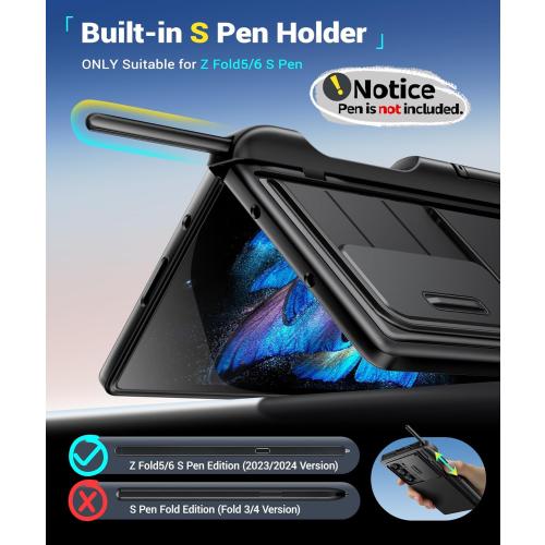 BERFY for Samsung Galaxy Z Fold 6 Case with Screen Protector, [2 Invisible Kickstand] Built-in S Pen Holder and Slide Camera Cover, [Anti Spy] Full-Body Shockproof Slim Phone Case for Z Fold 6, Black