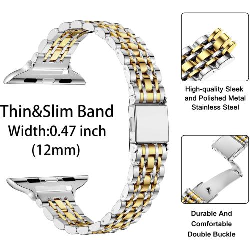 MioHHR Slim Metal Band Compatible with Apple Watch Band 42mm(Series 11 10) 41mm(Series 9 8 7) 40mm(Series 6 5 4 SE3/2/1) 38mm(Series 3 2 1),Stainless Steel iWatch Bands for Women,Silver/Gold