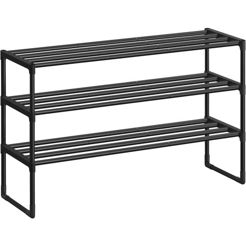 SONGMICS Shoe Rack, 3-Tier Shoe Organizer, Metal Storage Shelf, Upright or Upside Down, for 16-20 Pairs, Stackable, for Entryway, 11.8 x 36.2 x 21.7 Inches, Black ULSA303B02