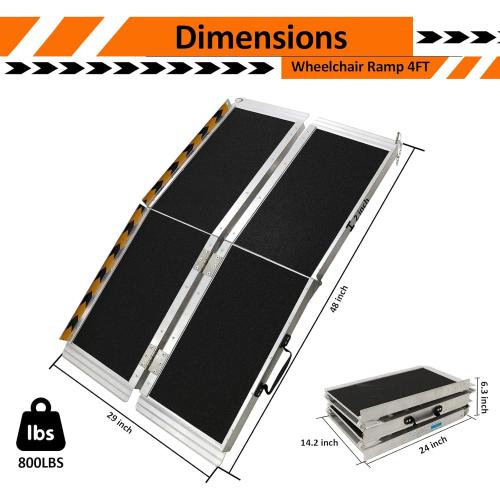 Portable Wheelchair Ramp 4FT, 48 L x 29 W Non-Skid Aluminum Foldable Handicap Ramps for Steps, 800lbs Capacity Threshold Ramps, Lightweight with Handle, for Home,Stairs,Doorways,Curbs (4FT)