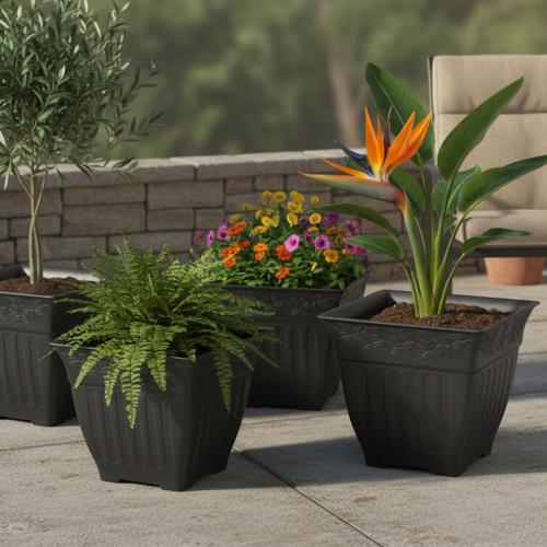 BTPLASTIK 18 inch Large Square Planter for Plants - 4 Pack Decorative Black Plastic Flower Pots with Drainage Holes & Raised Base, 14 Gallon Vintage Garden Pot for Outdoor, Patio, Porch (15 Tall)
