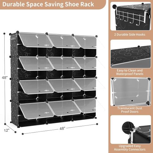 Portable 8-Tier Shoe Cabinet - 48-Pair Shoe Organizer with Expandable, Free Standing, Stackable Space Saving Design and 2 Exclusive Versatile Hooks for Bedroom