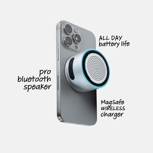 MagSound MagBeat Bluetooth Speaker with Magnetic Wireless Charger (Titanium), Portable Stereo Sync TWS, Booming Bass, Up to 10H, IPX7 Waterproof, Gift for Men