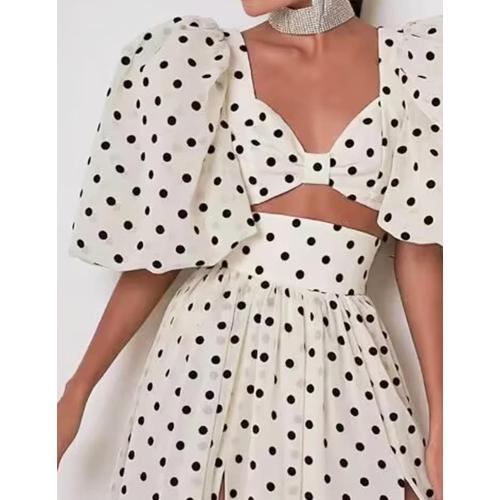 Size S...Maxi Polka Dot Dress for Women High Slit Corset Dress Lantern Sleeve Prom Dress Short Sleeve Backless Dress