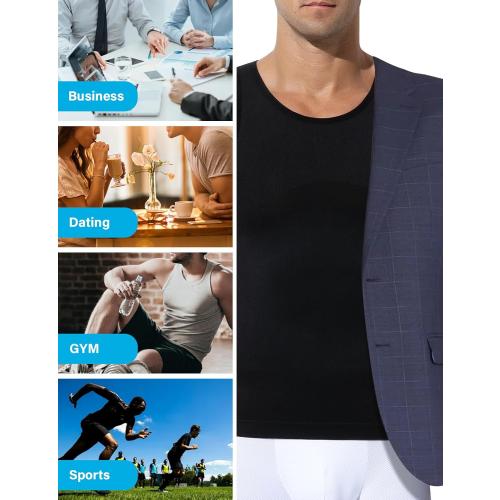 Size S Casey Kevin 3 Pack 2Black and 1White Men's Gynecomastia Compression Shirt Slimming Shapewear Tummy for Men Sleeveless Workout Tank Top