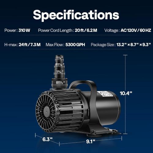 VIVOHOME Electric 310W 5300GPH Submersible Water Pump for Koi Pond Pool Waterfall Fountains Fish Tank and Aquarium
