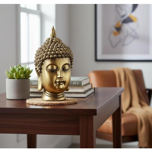 eSplanade Buddha Head Statue for Home Decor | Resin Buddha Face Showpiece for Living Room, Meditation, Office Table Desk, Shelf | Tibetan Buddhist Idol | Zen or Yoga Figurine Gifts | Golden, 9 Inch