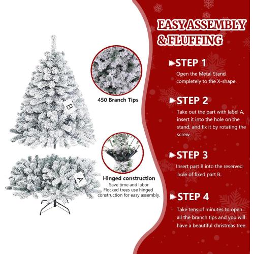 9ft Flocked Artificial Christmas Tree, Arbol de Navidad with 450 Branch Tips, Fake Christmas Tree, Premium Spruce Xmas Tree with Fold-Able Metal Base Stand