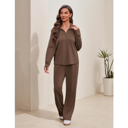 Large - Totatuit Womens Sweatsuits 2 piece Set Lapel Half Zip Lightweight Sweatshirts and Wide Leg Pants Tracksuit Lounge Sets