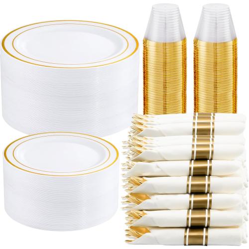 WELLIFE 350-Piece Gold Disposable Plates and Cutlery Set - Premium 10.25 Dinner Plates, 7.5 Dessert Plates, 9oz Cups & Cutlery for Weddings, Catering Events - 50 Guest Service - Elegant & Sturdy