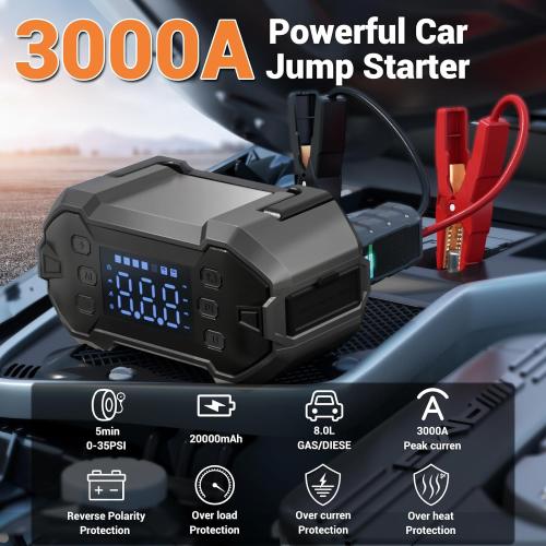 Jump Starter with Air Compressor, 150PSI 3000A Car Jumper Starter Battery Starter (8.0L Gas/8.0L Diesel) with Digital Tire Inflator, 12V Portable Battery Booster Jump Box Pack Air Pump