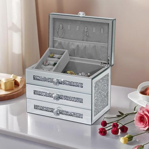 Mirrored Jewelry Box,3-Layer 2 Drawers Glass Jewerly Organizer with Lid,Necklace Ring Earring Storage Boxes,Silver Crushed Diamond Home Decor,Gift Idea