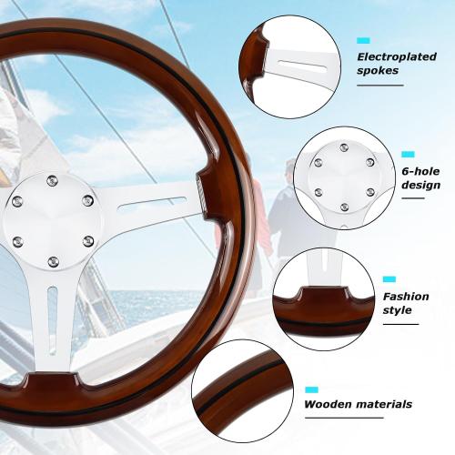 13.8 Boat Steering Wheel with 3/4 Tapered Shaft, 6 bolts Wood Grain Classic Nostalgia Boat Steering Wheel for Seastar and Verad, for Marine Boats, Yacht,Vessels,Pontoon Marine-Mirrored-silver