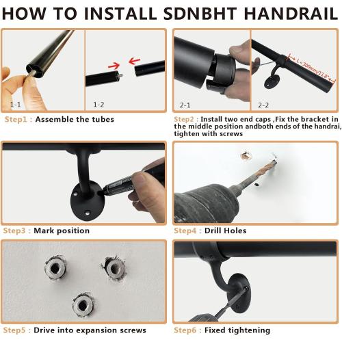 Stair Railing Indoor Metal Hand Rails for Indoor Stairs 1.5 Pipe Aluminum Wall Mounted Outdoor Handrail for Steps Black Industrial Handrail for Stairs 8ft