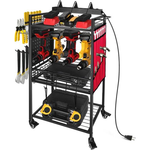 Garage Power Tool Organizer Cart with Charging Station, Floor Stand Rolling Drill Holder and Tool Battery Storage Cart on Wheels, 3-Layer Utility Rack Shelf with 8 Outlet Power Strip (Red)