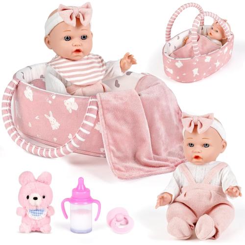 Dreamon 12'' Baby Doll Playset with Carrier Bassinet Bed, 11PCS Baby Doll Accessories Includes Pacifier, Blanket, Pillow, Diaper, Pretend Play Set Baby Doll Care Toys Gifts for Kids Girls