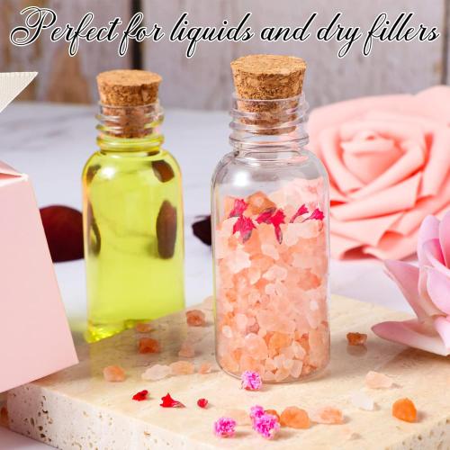 Set of  50 Packs 1 oz Plastic Sand Art Bottles with Cork Stoppers Mini Vial Potion Bottles Perfume Cork Jar with 10 Mini Funnels for Filling Jar for DIY Craft, Essential Oil, Message, Party Favor