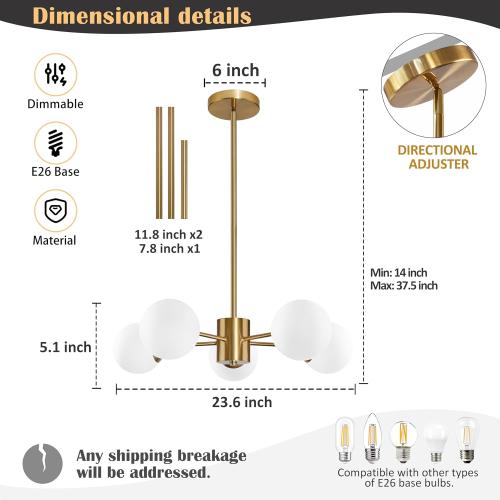 Bagood 5-Light Globe Sputnik Chandelier Mid Century Sputnik Chandeliers Modern Gold Globe Pendant Light Brushed Brass Finished with White Frosted Glass Lampshade for Dining Room Bedroom Kitchen