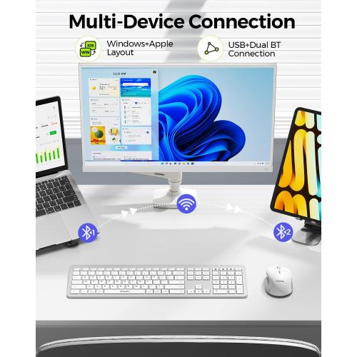 seenda Bluetooth Keyboard and Mouse, Wireless Keyboard Mouse Combo 2.4G Dual Bluetooth Multi-Device Connection Full Size Ultra-Slim Keyboard with Number Pad for Windows/Mac,White & Silver