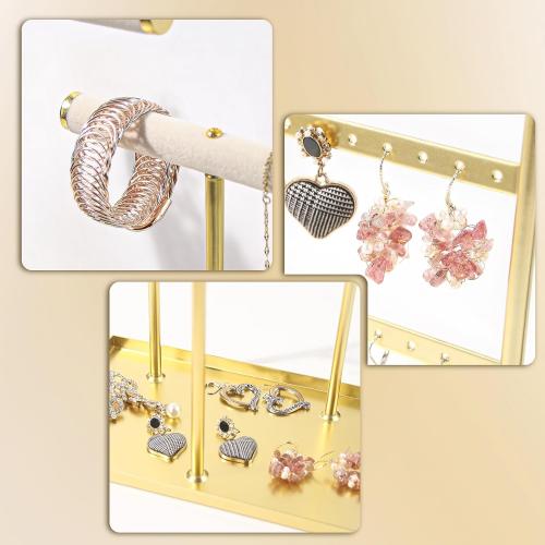 Coward 3 Tier Necklace Bracelet Earring Holder Stand, Jewelry Display Organizer with Tray, Velvet T-Bar Necklace Organizer Stand, Multi-use Metal Jewelry Holder Rack for Men Women (Gold)