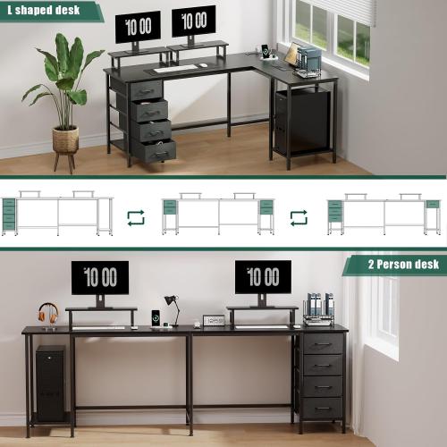 Size 59 inch Color Black  L Shaped Computer Desk with Power Outlets, Home Office Desk with 4 Adjustable Storage Drawers & 2 Monitor Stands, Two Person Gaming Table for Bedroom, Black