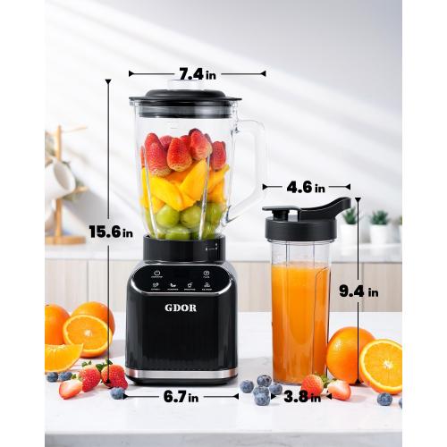 GDOR Professional Blender for Smoothies, 5 Functions, 1200 Peak Watts Smoothie Blender, 52 Oz Glass Jar & 24 Oz To-Go Cup Combo, Ice Crushing & Frozen Fruit, Self-Cleaning, Black