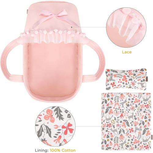 Color Pink GAGAKU Baby Doll Bassinet, Doll Carrier Doll Carry Cot Set with Canopy and Pillow Blanket for 9 10 11 12 Inch Dolls Stuffed Animals - Pink