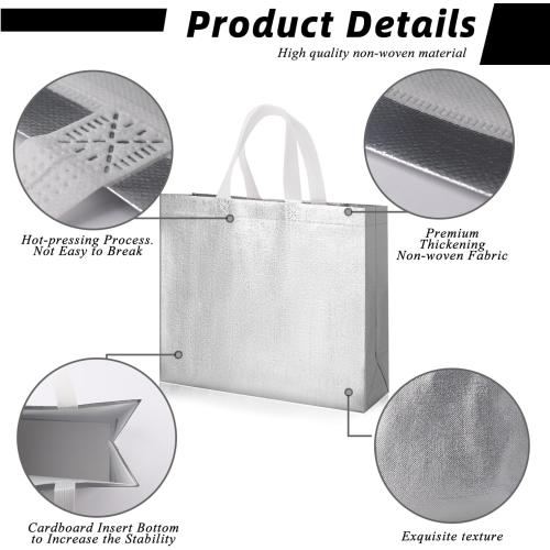 Glossy Silvery White Large Gift Bags with Handle 20-Pack,Reusable Non-woven Party Favor Bags with Sturdy Base for Birthday Wedding Easter,15.75x11.81x4.72 Inches (Silvery white, M)
