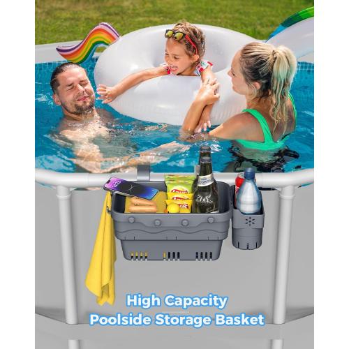 Poolside Storage Basket for Above Ground Pools, Above Ground Pool Accessories, Swimming Pool Storage Basket with Pool Cup Holder, Versatile Organization for Pool Accessories(1Pack)