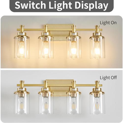 4 Light Brushed Brass Vanity Light Over Mirror, Gold Bathroom Fixtures, Vintage Wall Sconce With Clear Glass Shade, Brushed Gold Lights for Bathroom